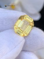 Premium certified natural Ceylon Yellow Sapphire 7.61 carat emerald cut loose gemstone for custom engagement ring or pendant jewelry.