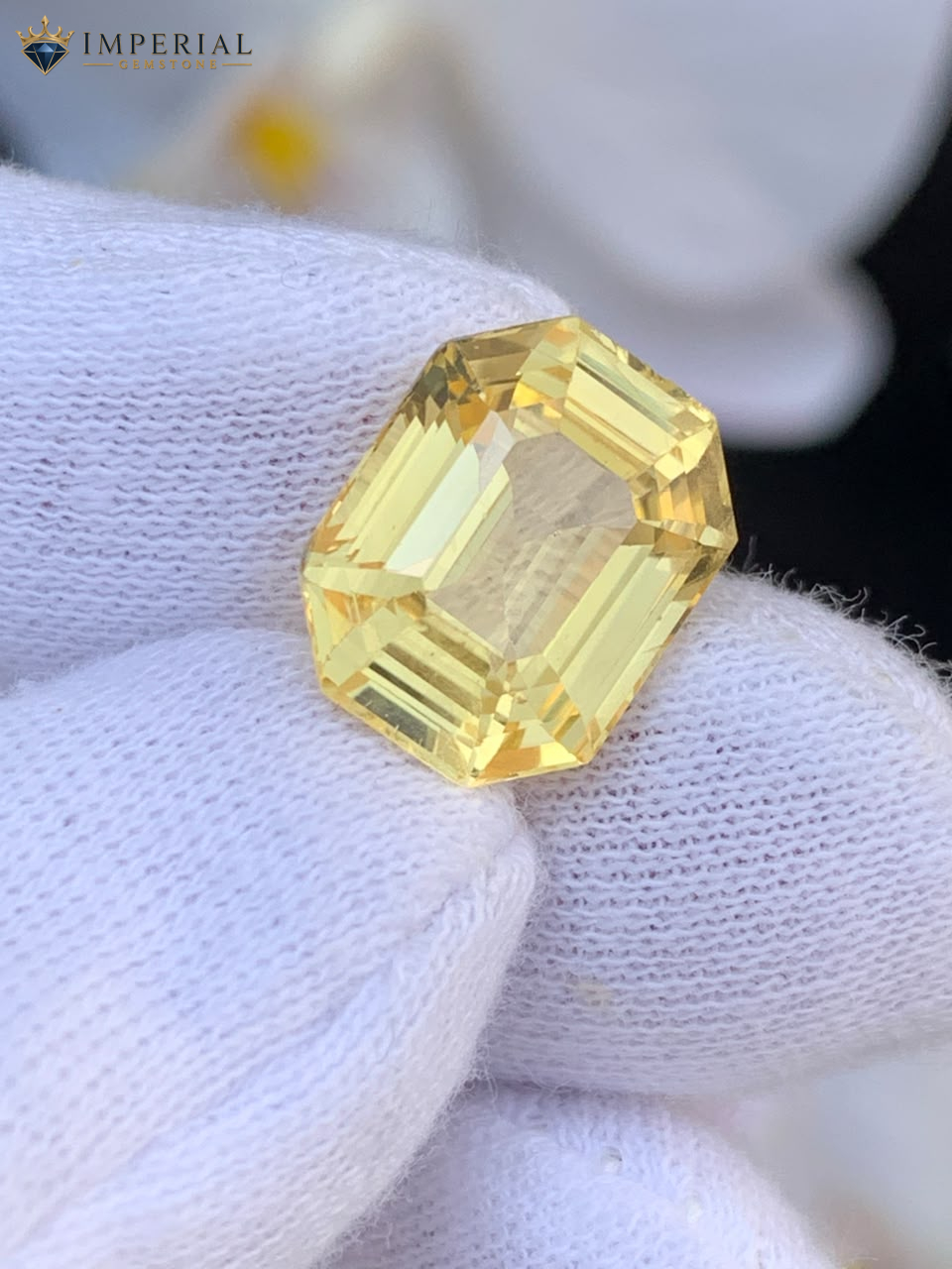 Ceylon-Yellow-Sapphire-7.61-Carats-Certified-Natural Premium certified natural Ceylon Yellow Sapphire 7.61 carat emerald cut loose gemstone for custom engagement ring or pendant jewelry.